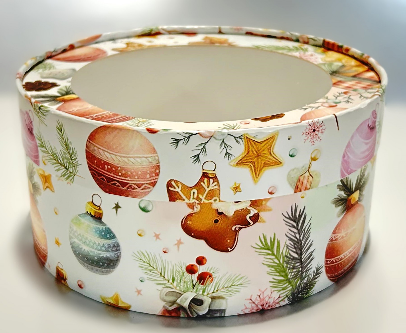 Коробка для зефира круглая с окном 20*7, елочные игрушки - фото - 1