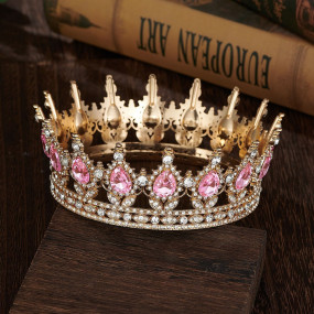 Декоративная корона золотая, розовые камни - фото - 1
